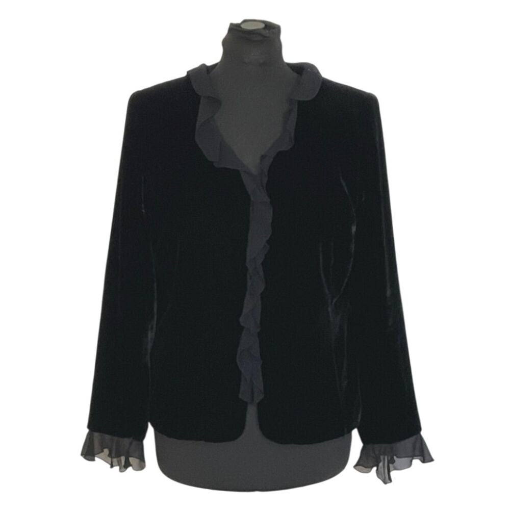 Kate Hill Black Velvet Silk Blazer Women’s 14 Sheer Ruffle Trim Romantic Goth - Picture 2 of 8